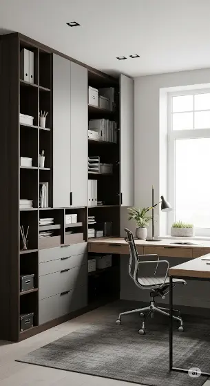 Elegantná domáca pracovňa s veľkou knižnicou z tmavého dreva a ladiacim pracovným stolom.