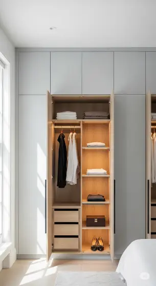 Moderná spálňa s elegantnou vstavanou skriňou v dekore svetlého dreva a s integrovaným osvetlením