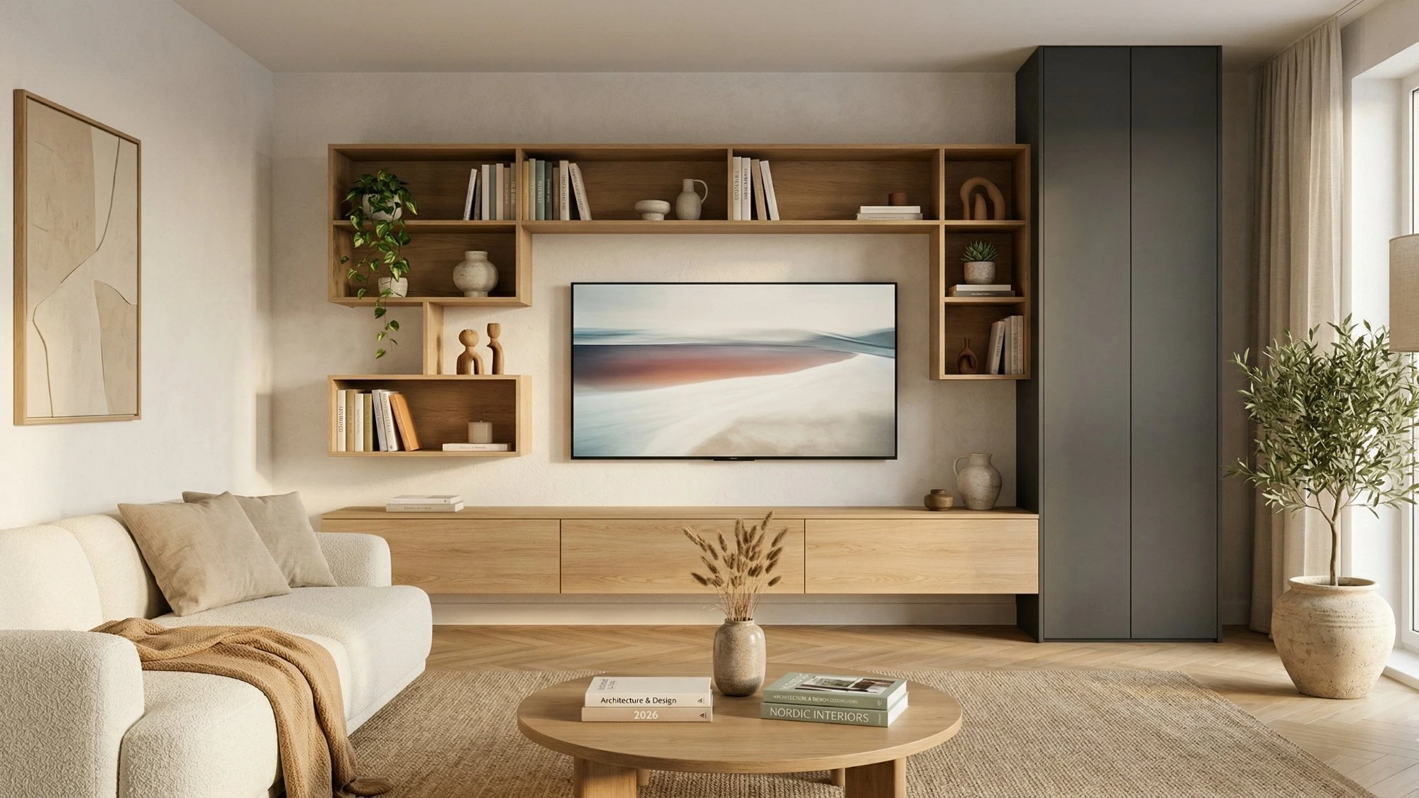 TV stena – dub Whiteriver kombinovaný s Fenix NTM Grigio Londra – Doorweb