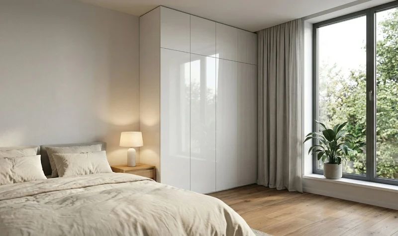 Vstavaná skriňa do spálne – EGGER W1100 biela lesklá premium – Doorweb