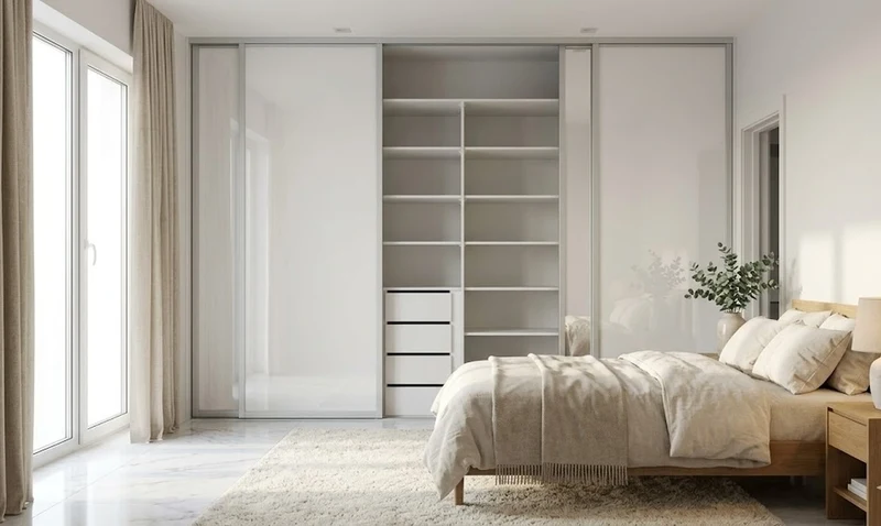 Vstavaná skriňa so sklenenými posuvnými dverami AGC Lacobel Pure White – Doorweb